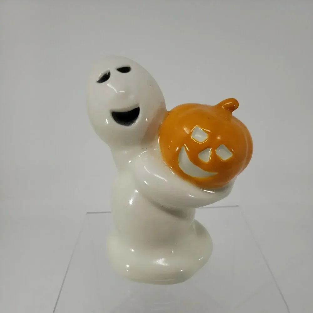 Halloween Ghost Holding Jack O'Lantern Pumpkin Ceramic  VTG Figurine Iowa USA